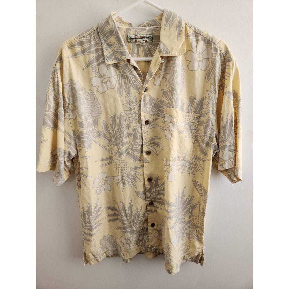 Tommy Bahama Hawaiian Shirt Men's Medium Cream Yellow Tan Floral Silk Button Up